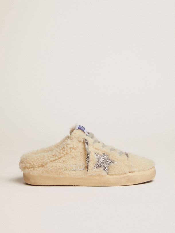 Super-Star Sabots in natural white shearling with silver glitter star