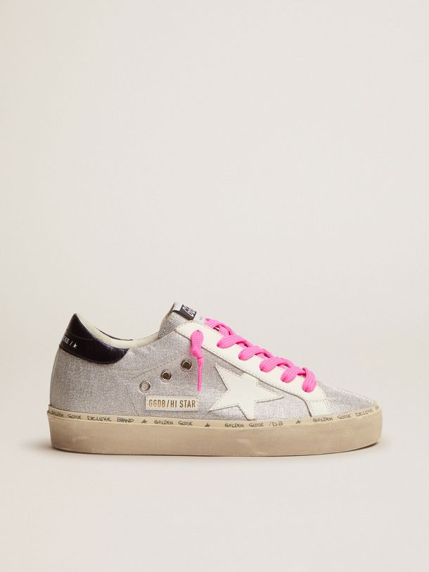 Golden Goose - Hi Star sneakers in silver glitter with checkered pattern and white leather star in 