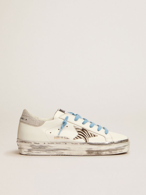 Golden Goose - Hi Star sneakers with zebra-print pony skin star and silver glitter heel tab in 