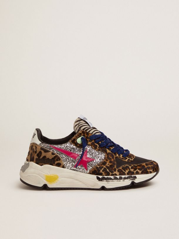 Golden Goose - Running Sole sneakers in leopard-print pony skin with silver glitter inserts. in 