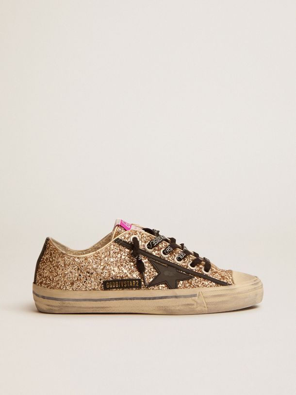 V Star Ltd Sneakers In Gold Glitter With Black Details Golden Goose