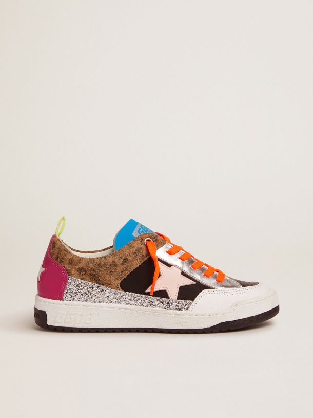 Yeah sneakers with silver glitter, animal-print and colored leather patchwork