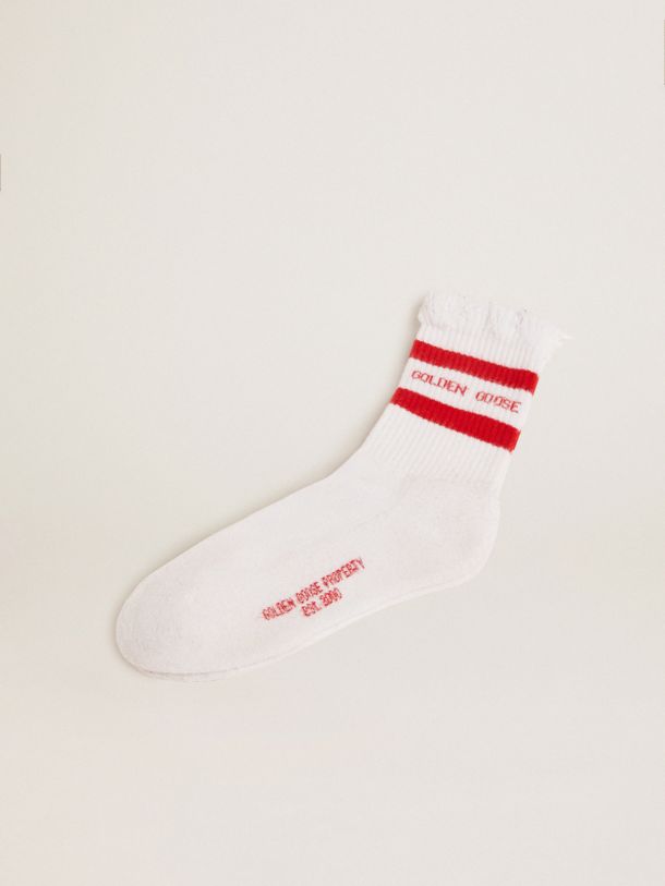 Golden Goose - Cotton socks with distressed finishes, red stripes and Golden Goose logo in 