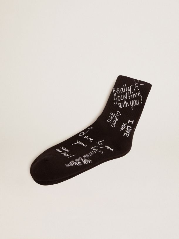Black socks with white Golden Statement lettering