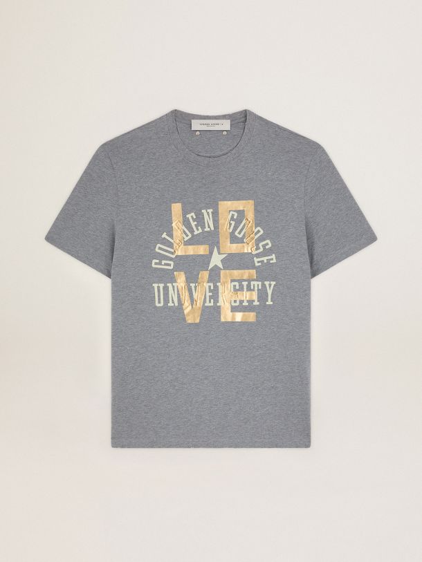 Golden Goose - T-shirt grigio mélange Collezione Journey con scritta oro e logo bianco in 