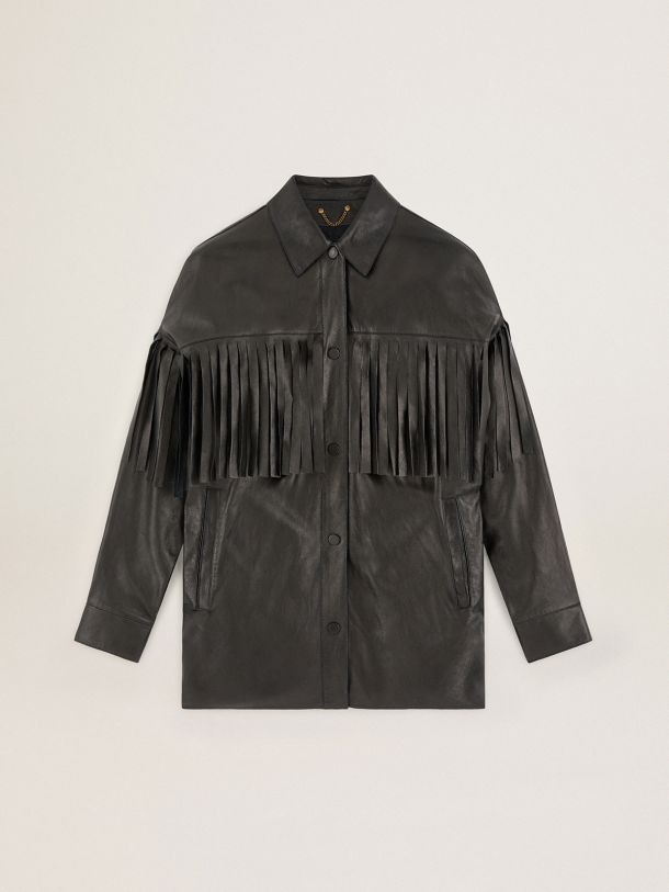 Golden Goose - Oversize Journey Collection Darcie shirt in black nappa lambskin with fringes in 