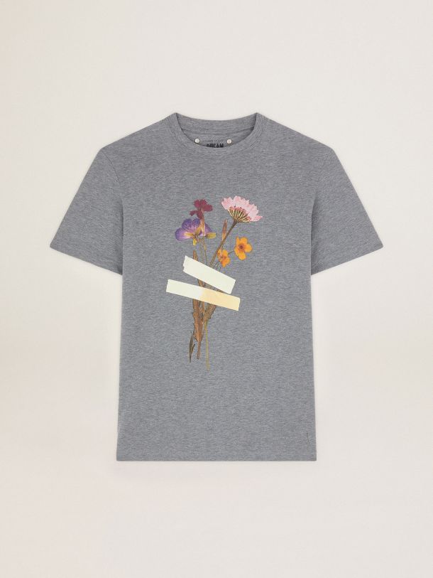 Golden Goose - Gray melange Journey Collection T-shirt with floral bouquet and scotch tape print in 