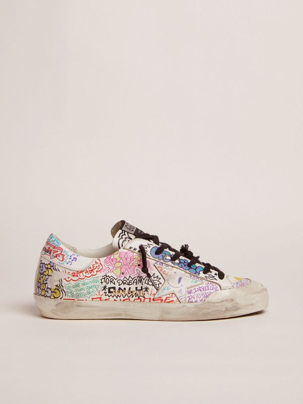 Golden Goose - Super-Star sneakers in white leather with multicolored graffiti print in 