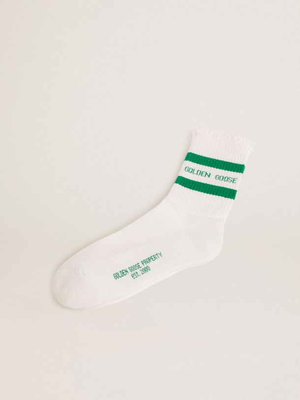 Golden Goose - Cotton socks with distressed finishes, green stripes and Golden Goose logo in 