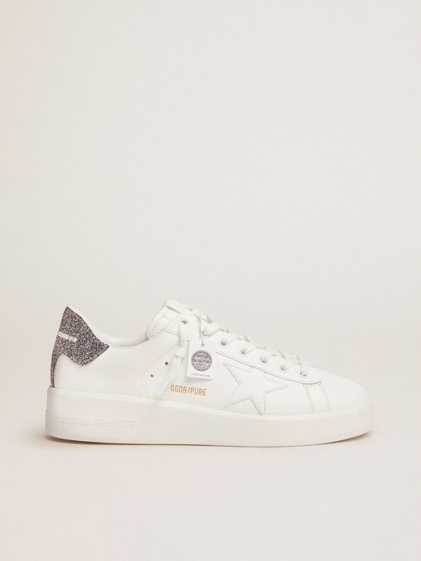 Sneaker Purestar in pelle bianca con talloncino in cristalli argento