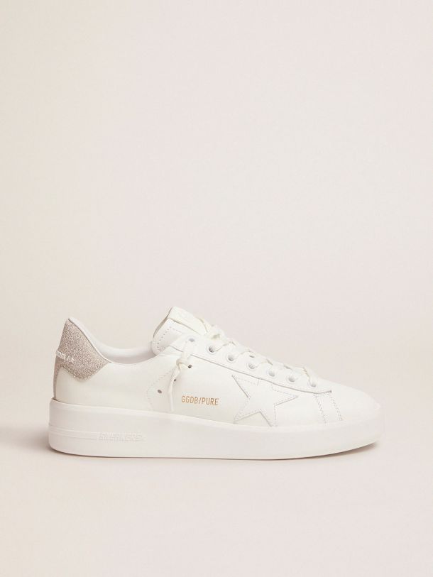 Golden Goose - Purestar sneakers in white leather with champagne glitter heel tab in 