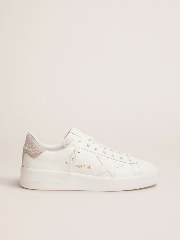 Purestar sneakers in white leather with champagne glitter heel tab | Golden Goose