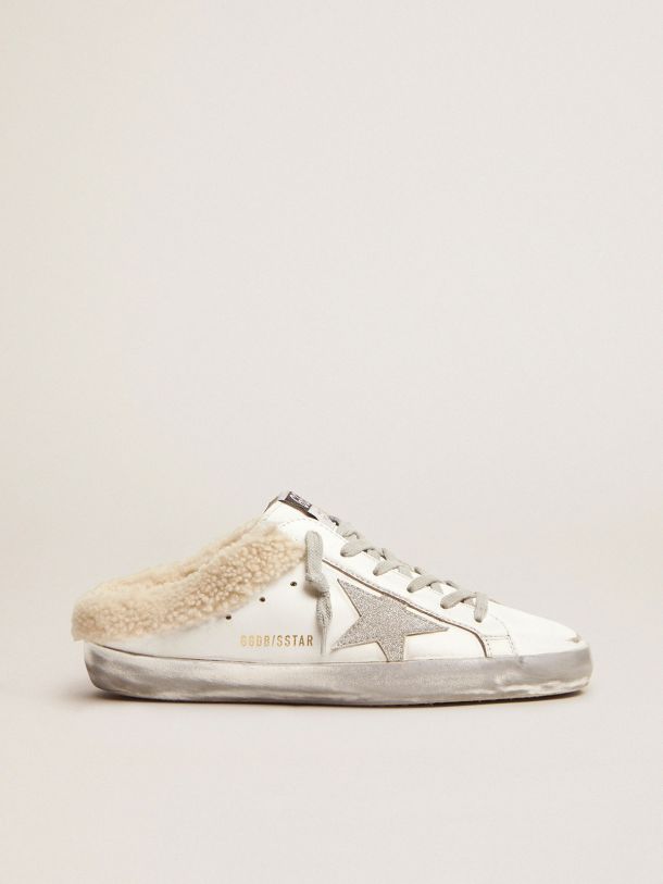 Super-Star Sabots in white leather with shearling lining | Golden Goose