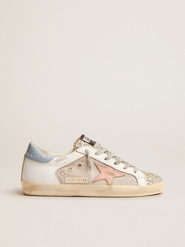 Golden Goose - Super-Star LTD sneakers in white leather with mesh insert and silver glitter tongue in 