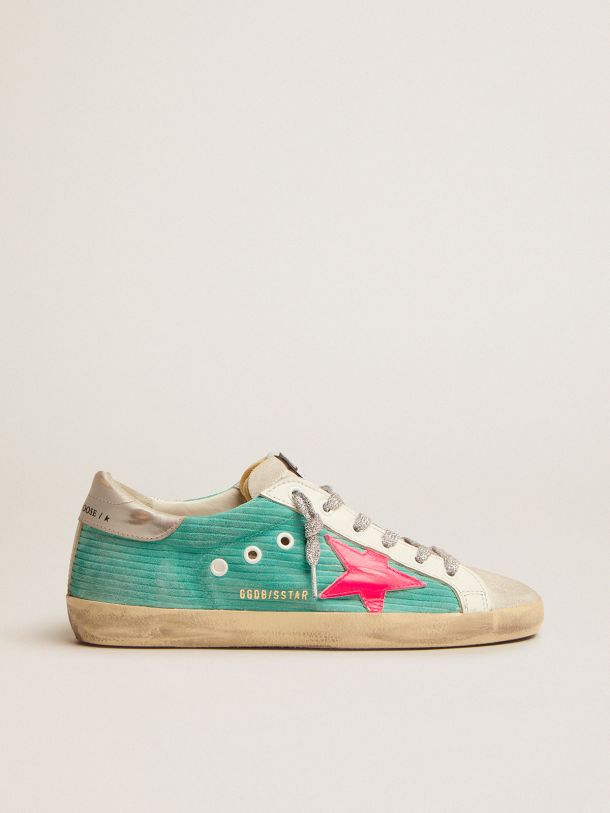 Golden Goose - Super-Star sneakers in turquoise suede with corduroy print and fluorescent pink leather star in 
