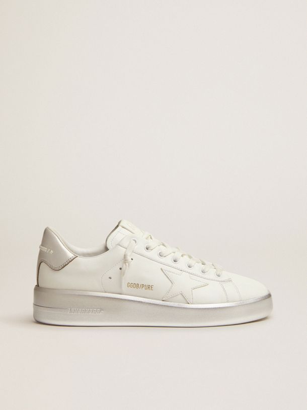 Purestar sneakers in leather with silver laminated heel tab and foxing | Golden Goose