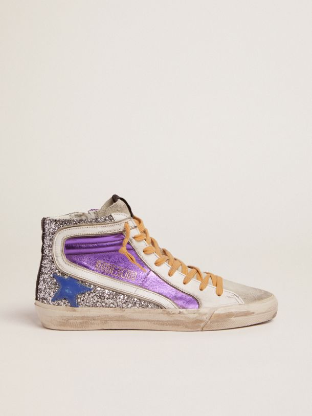 Golden Goose - Slide sneakers with silver glitter and purple laminated leather upper in 