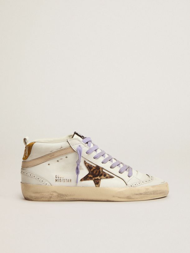 Golden Goose - Mid Star sneakers with leopard-print pony skin star and light orange suede heel tab in 