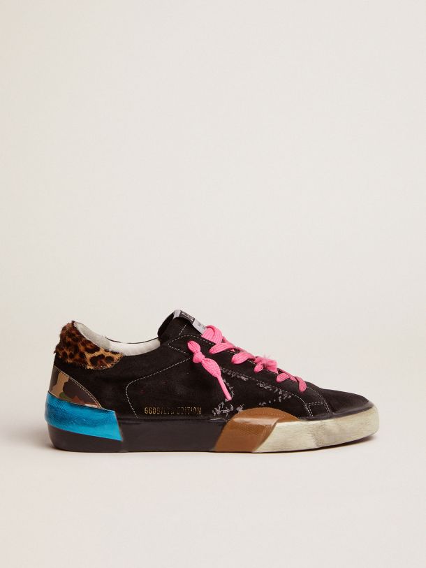 Golden Goose - Super-Star LAB sneakers in black suede with multi-foxing and leopard-print pony skin heel tab in 