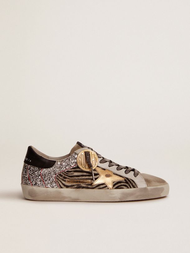 Golden Goose - Women’s Super-Star sneakers in zebra-print pony skin and silver glitter in 