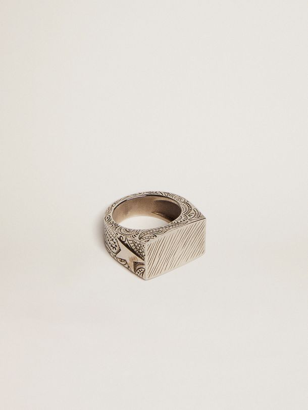 Golden Goose - Timeless Jewelmates Collection square ring in antique silver color in 