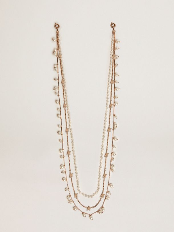 Collier quatre chaînes Collection Heritage Jewelmates couleur or ancien avec perles et étoiles