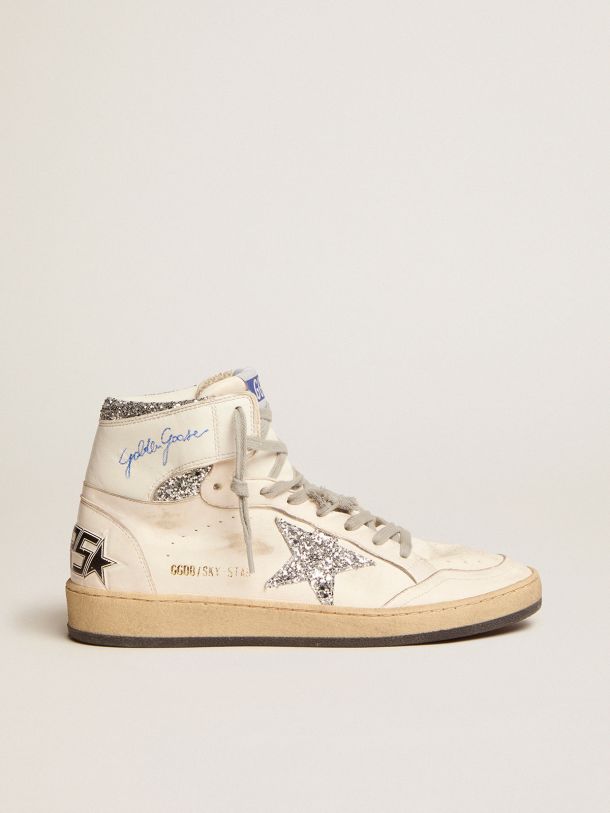 Golden Goose - Sky-Star sneakers with signature on the ankle and silver glitter inserts in 