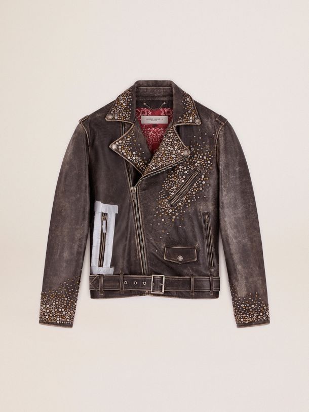 Golden Goose - Golden Collection leather biker jacket with distressed treatment with hammered studs and adhesive tape in 