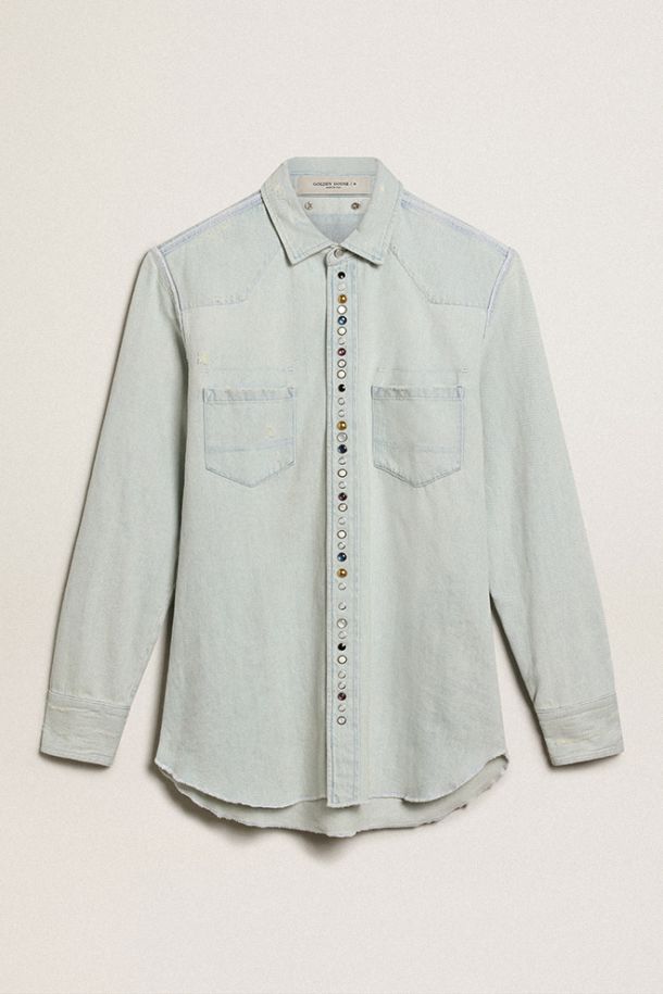 Men's bleached denim shirt with hammered studs
