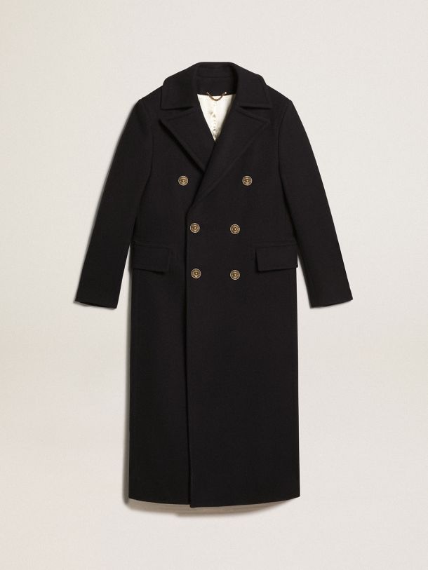 Golden Collection double-breasted coat in dark blue wool with gold-colored heraldic buttons