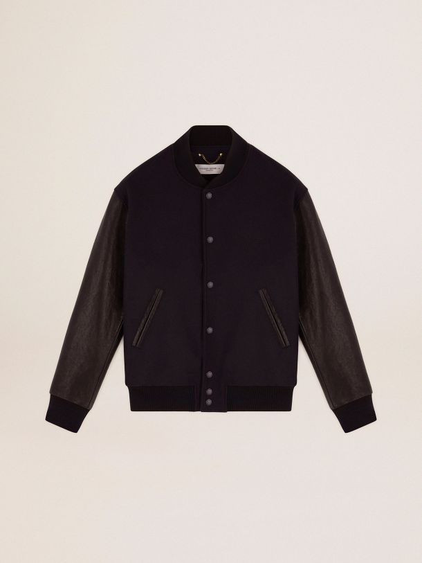 Men's bomber jacket in dark blue wool with leather sleeves