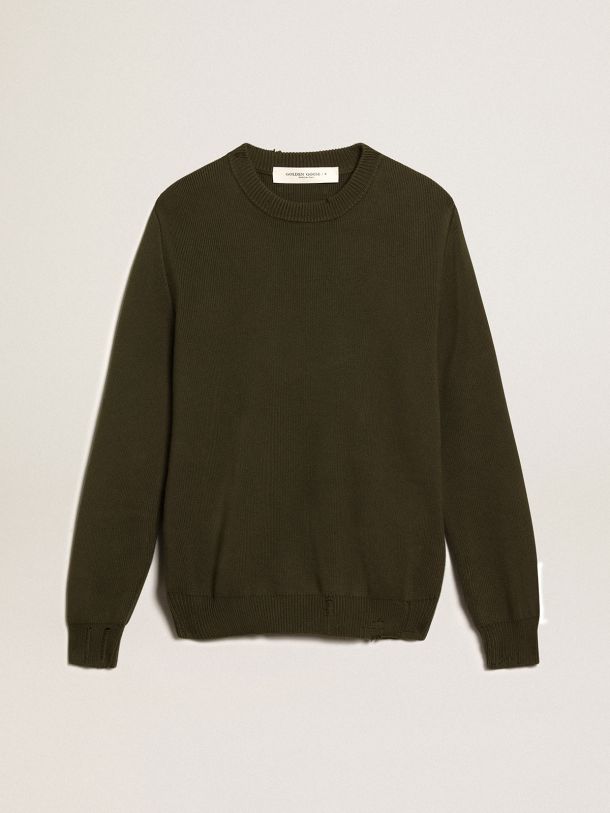 Golden Goose - Golden Collection round-neck sweater in military-green cotton with a distressed treatment in 