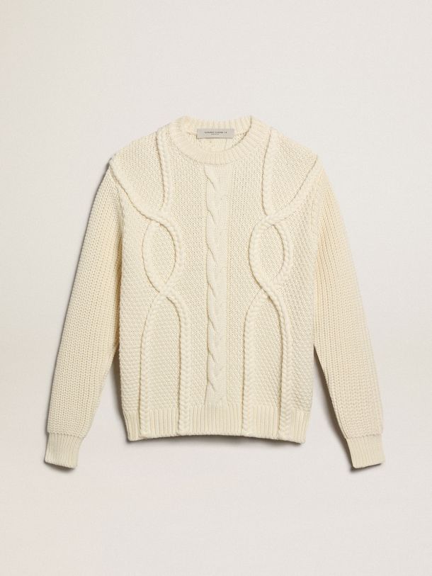 Golden Goose - Men’s Golden Collection round-neck sweater in natural white wool with braided motif in 