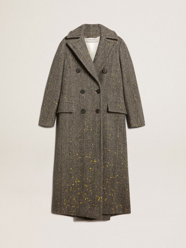Women's long herringbone coat with yellow details