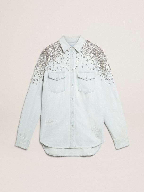 Women's bleached boyfriend shirt with cabochon crystals