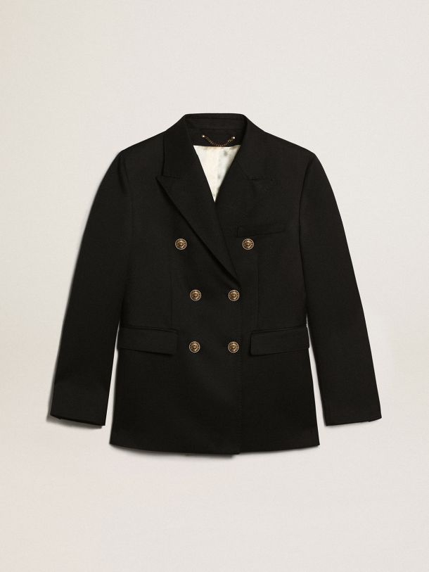 Double-breasted women’s blazer in dark blue with gold-colored buttons