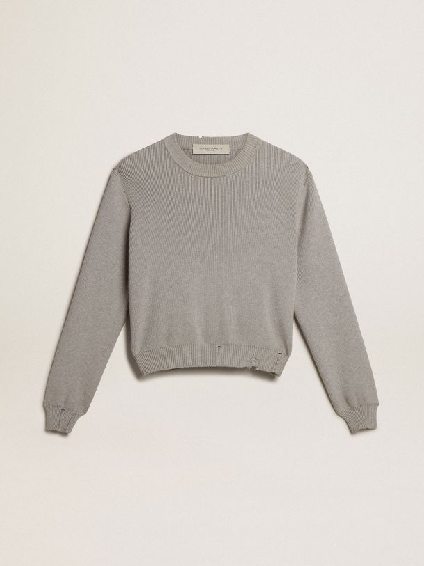 Golden Goose - Golden Collection round-neck sweater in gray melange cotton with a distressed treatment in 