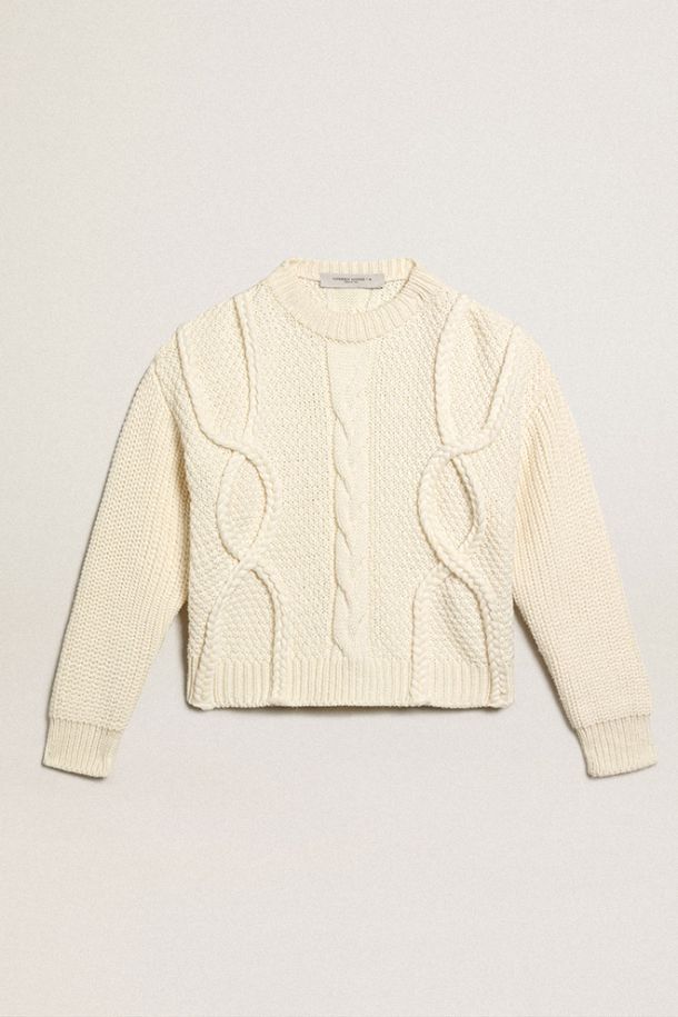 Women's round-neck sweater in wool with braided motif