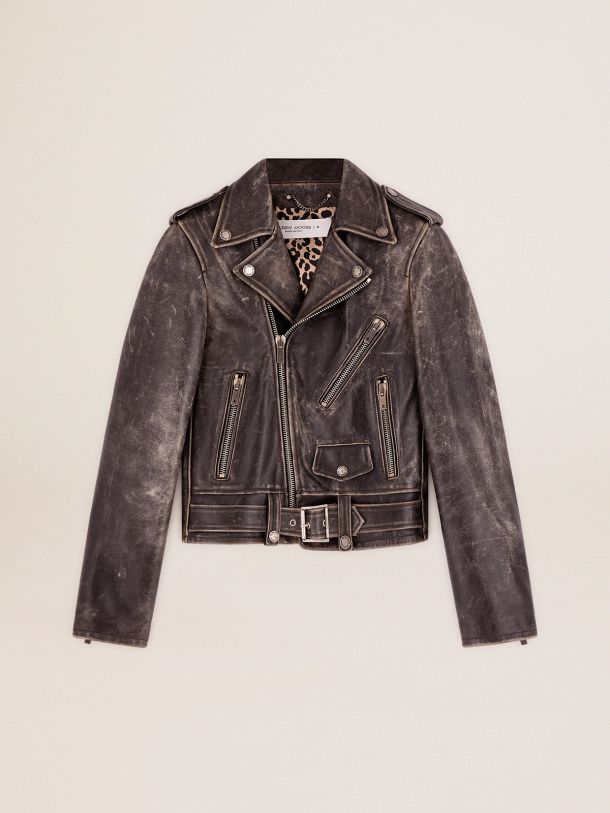 Golden Collection leather biker jacket with distressed treatment