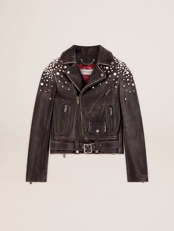 Women's biker jacket in distressed leather with cabochon crystals