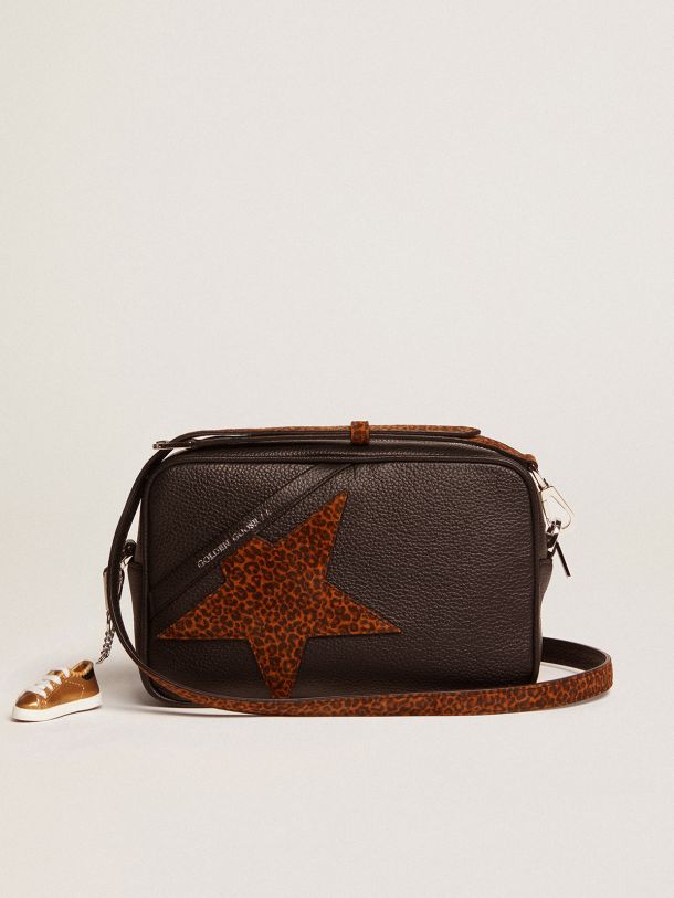 Sac Star Bag en cuir noir avec étoile en daim à imprimé léopard