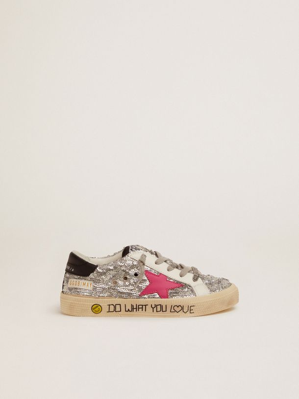 Golden Goose - May sneakers with silver sequinned upper and fuchsia star in 