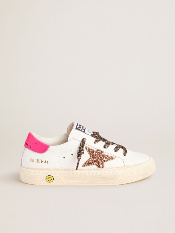 Golden Goose - Sneaker May con stella in glitter rosa pesca e lacci leopardati in 