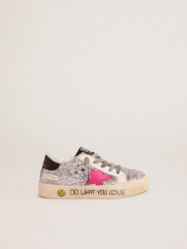 May sneakers with silver sequinned upper and fuchsia star