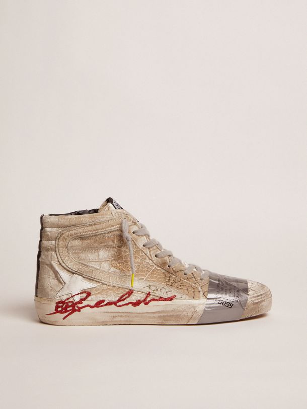 Golden Goose - Slide LAB sneakers with silver velvet upper with crocodile print and appliquéd tape in 