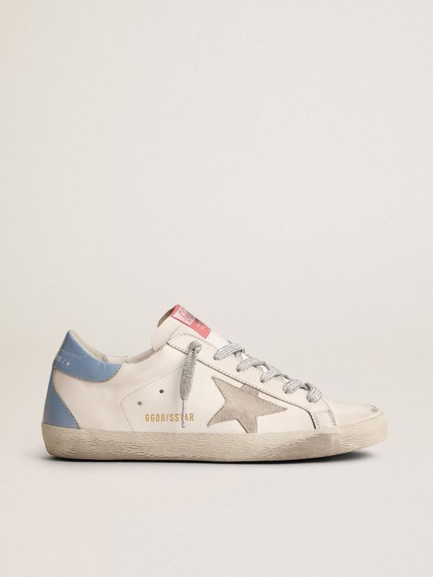 Golden Goose - Super-Star sneakers with sky-blue laminated leather heel tab and ice-gray suede star in 