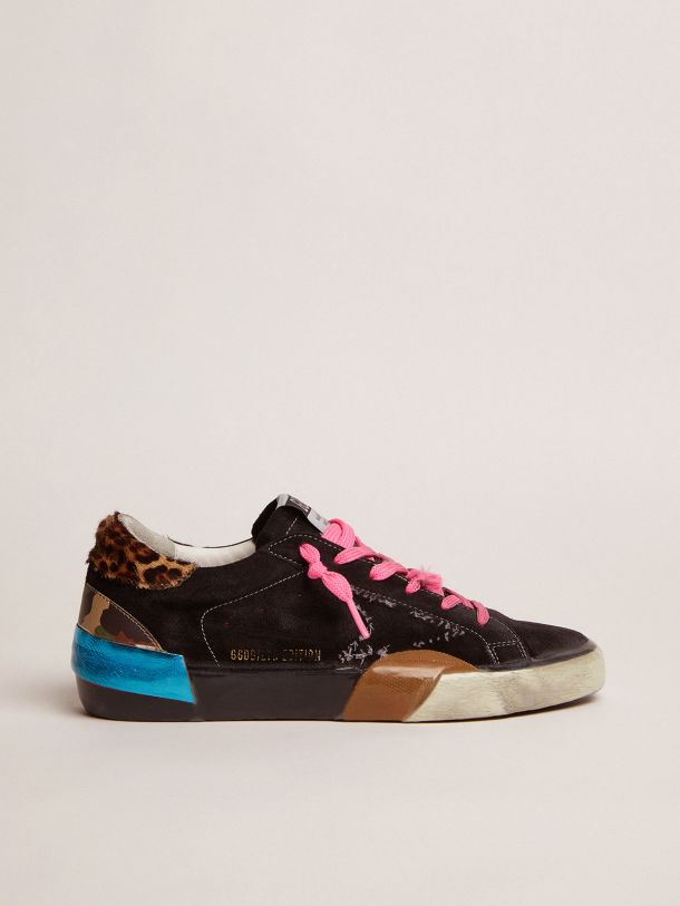 Golden Goose - Super-Star LAB sneakers in black suede with multi-foxing and leopard-print pony skin heel tab in 