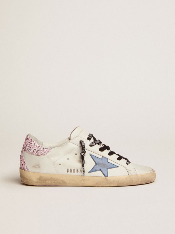 Golden Goose - Sneaker Super-Star con stella in pelle color blu cobalto e talloncino in glitter rosa in 