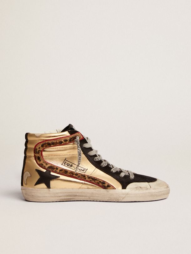 Golden Goose - Sneaker Slide Penstar in pelle dorata con stella in pelle nera e inserto in cavallino leopardato in 