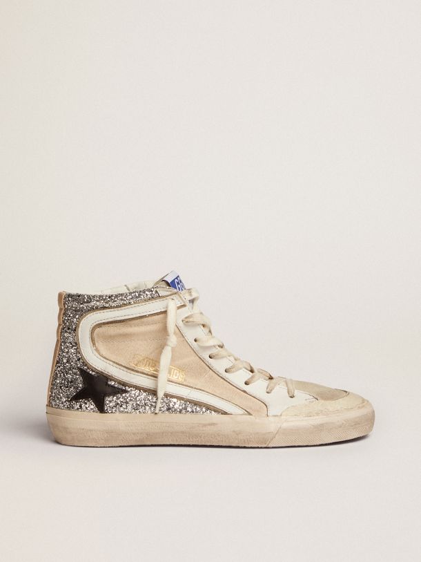 Golden Goose - Sneaker Slide Penstar in canvas color crema e glitter argento con stella in pelle nera in 
